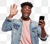 PNG Happy man waving smartphone selfie