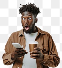 PNG Surprised man holding coffee phone