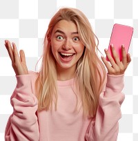 PNG Excited woman holding pink phone