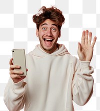 PNG Excited man waving smartphone selfie