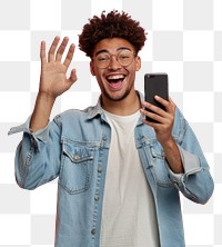 PNG Happy man waving smartphone hello