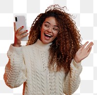 PNG Happy woman with smartphone waving