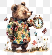 PNG Whimsical bear holding vintage clock