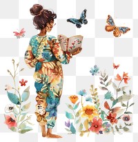 PNG Whimsical woman reading butterflies