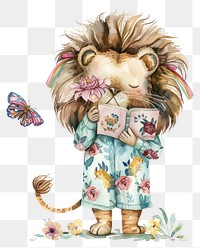 PNG Cute lion reading book illustration