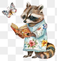 PNG Raccoon reading book butterfly