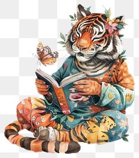 PNG Whimsical tiger reading book