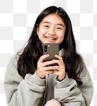 PNG Smiling girl holding smartphone