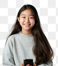 PNG Smiling girl holding smartphone