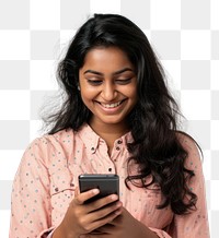 PNG Woman smiling while using smartphone