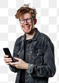 PNG Happy man holding smartphone