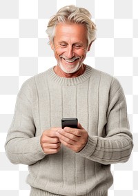 PNG Happy elderly man using smartphone