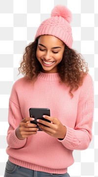 PNG Woman smiling using smartphone