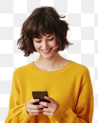 PNG Woman smiling at smartphone screen