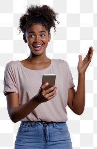 PNG Excited woman holding smartphone