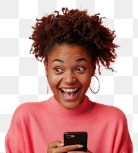 PNG Excited woman using smartphone