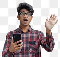 PNG Surprised man waving smartphone