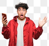 PNG Surprised man holding smartphone.