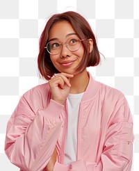 PNG Contemplative woman in pink jacket