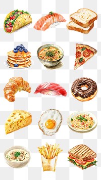 PNG watercolor food set, transparent background