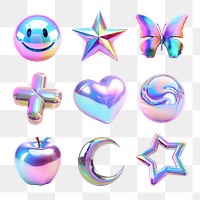 PNG 3d iridescent icon element set, transparent background