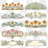 PNG vintage flower ornament divider element set, transparent background