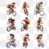 PNG 3D people riding bikes element set, transparent background