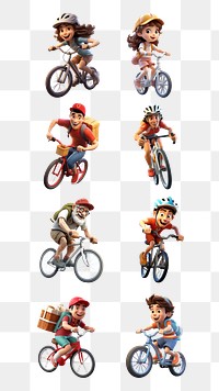 PNG 3D people riding bikes element set, transparent background