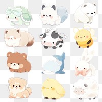 PNG kawaii animal illustration element set, transparent background