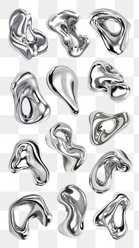 PNG 3D liquid chrome abstract shape element set, transparent background