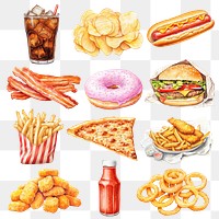 PNG fast food digital paint illustration element set, transparent background