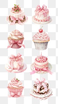 PNG watercolor pink cake element set, transparent background