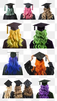 PNG coloured hair graduate female student element set, transparent background