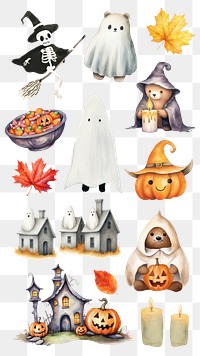 PNG cute watercolor Halloween element set, transparent background