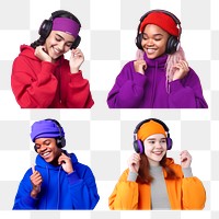 PNG teenagers with headphones element set, transparent background