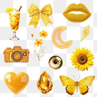 PNG yellow aesthetic  design element set, transparent background