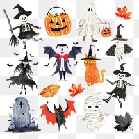 PNG cute Halloween characters illustration design element set, transparent background