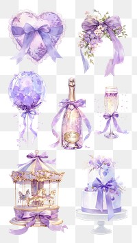 PNG watercolor purple coquette design element set, transparent background