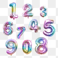 PNG iridescent number balloon design element set, transparent background