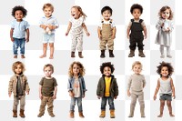 PNG diverse toddler full body design element set, transparent background