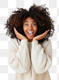 PNG  Excited woman with curly hair