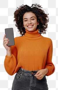 PNG  Smiling woman holding smartphone