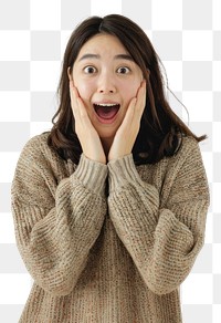 PNG  Surprised woman in cozy sweater