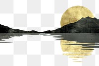 PNG Golden moonlit mountain lake reflection border, transparent background