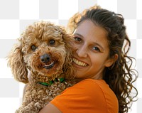 PNG Happy woman hugging curly dog