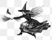 PNG  Vintage witch flying broomstick illustration