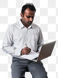 PNG An Indian middle-aged man laptop shirt electronics.