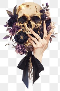 PNG  Skull, flowers, hand, dark, elegant