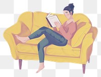 Woman reading on yellow sofa