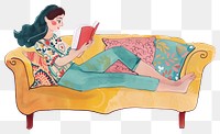 Woman reading on colorful couch